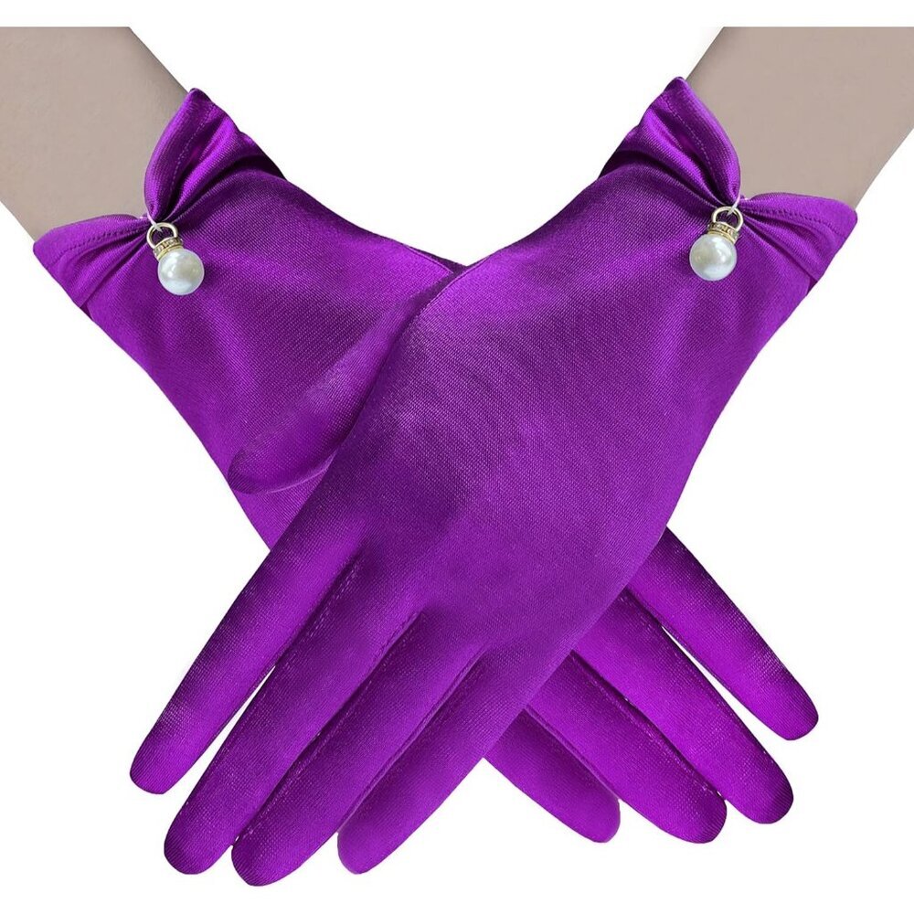 Women's Purple Floral Lace Gloves Elegant Wrist Bridal Wedding Dinner Party
